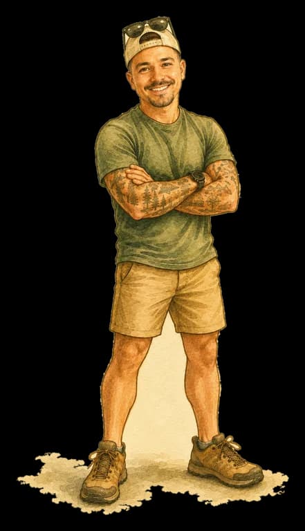 Watercolor caricature of Cole in a backwards cap and hiking shoes, arms crossed