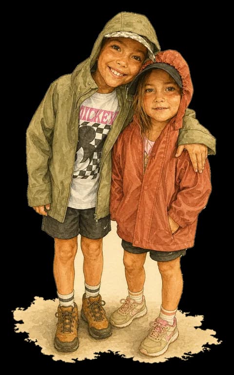 Watercolor caricature of the kids in rain jackets, arm in arm