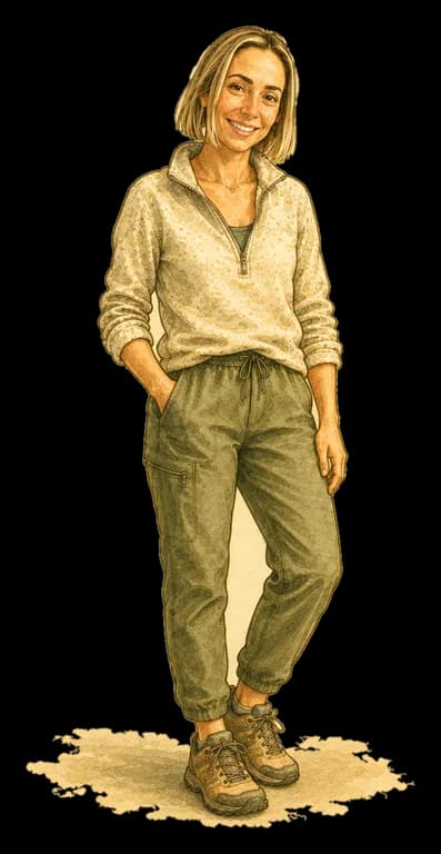 Watercolor caricature of Ashlea in a fleece pullover and hiking shoes
