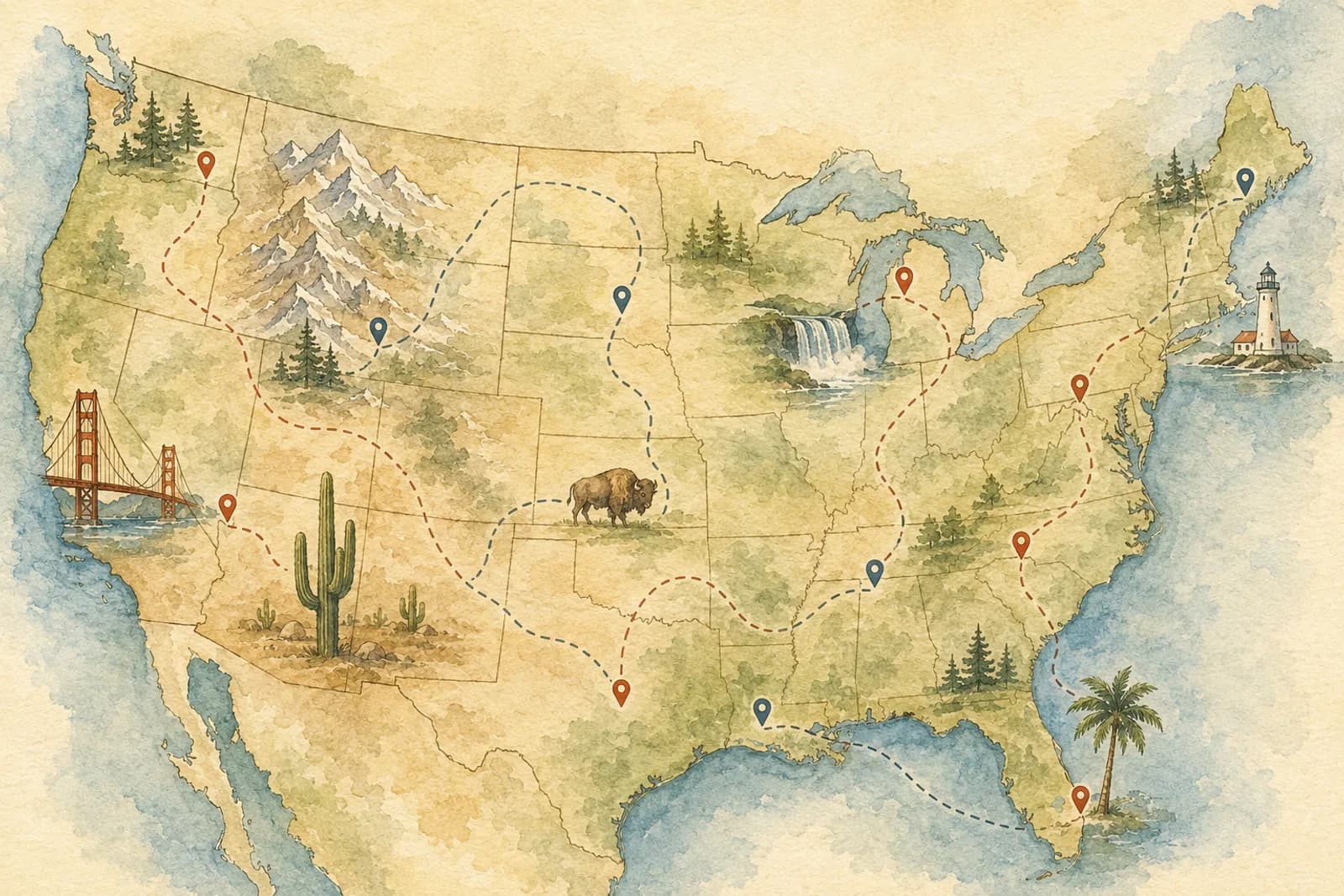 Hand-painted watercolor map of the United States with landmarks and dashed travel routes: the Basecamp Bound route board