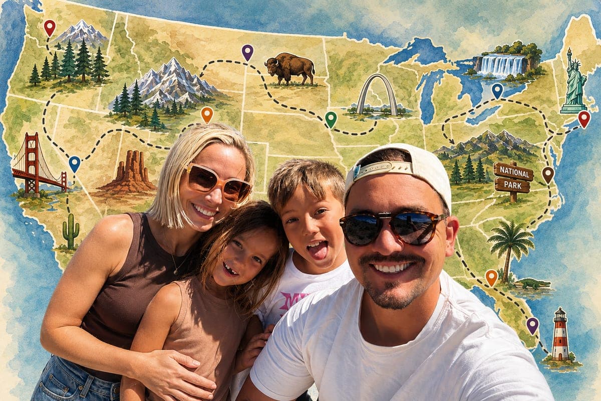 Our family in front of a hand-painted watercolor map of the United States, with landmarks and dashed travel routes across the country