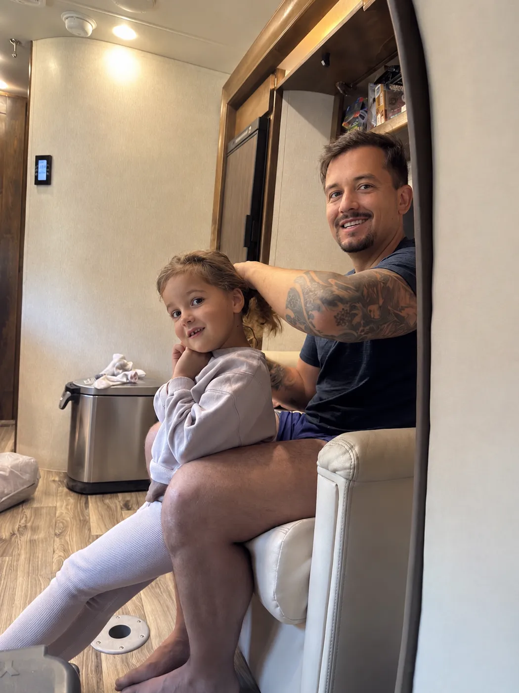 Cole and our daughter hanging out inside the motorhome