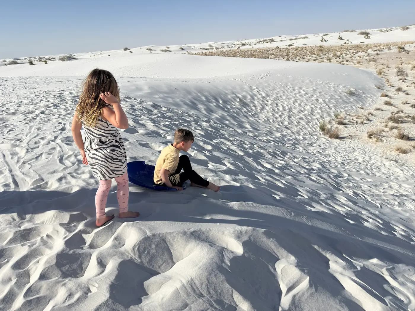 The kids sledding down the white gypsum dunes at White Sands National Park
